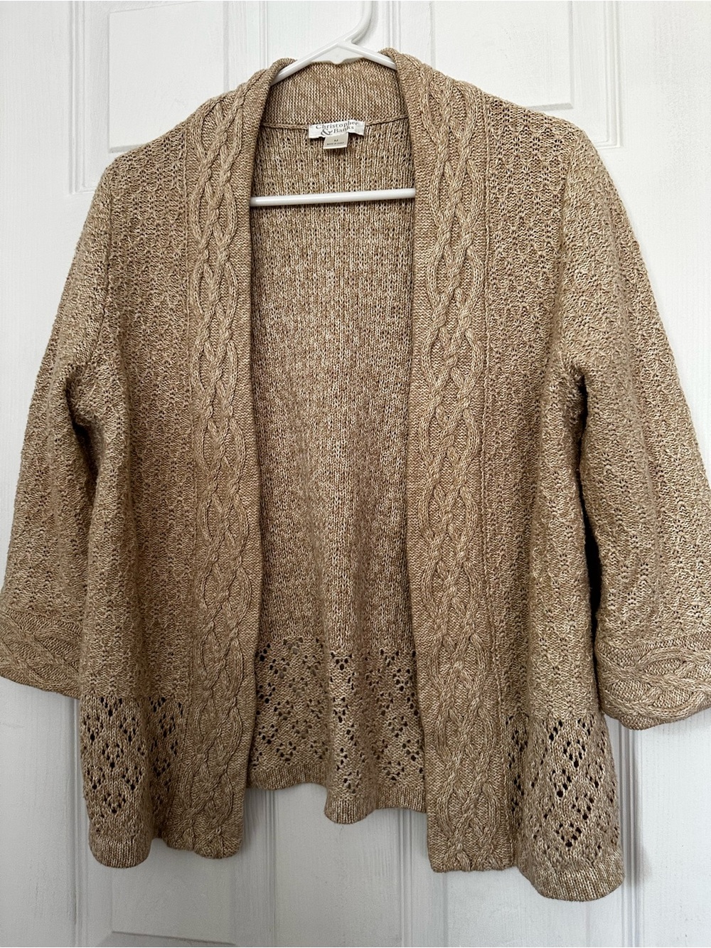 Christopher & Banks Taupe Open-Front Cable & Eyelet Cardigan